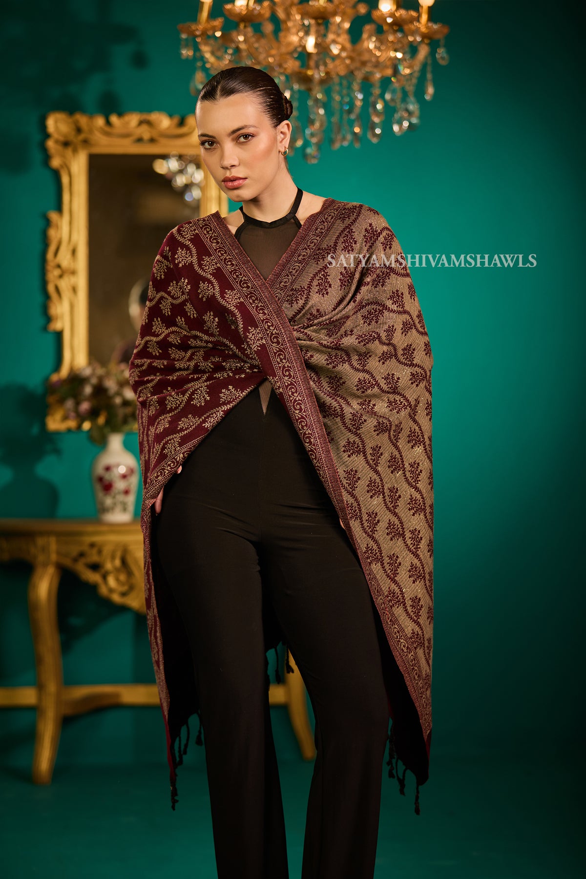 pure wool zari weaved stole,wine