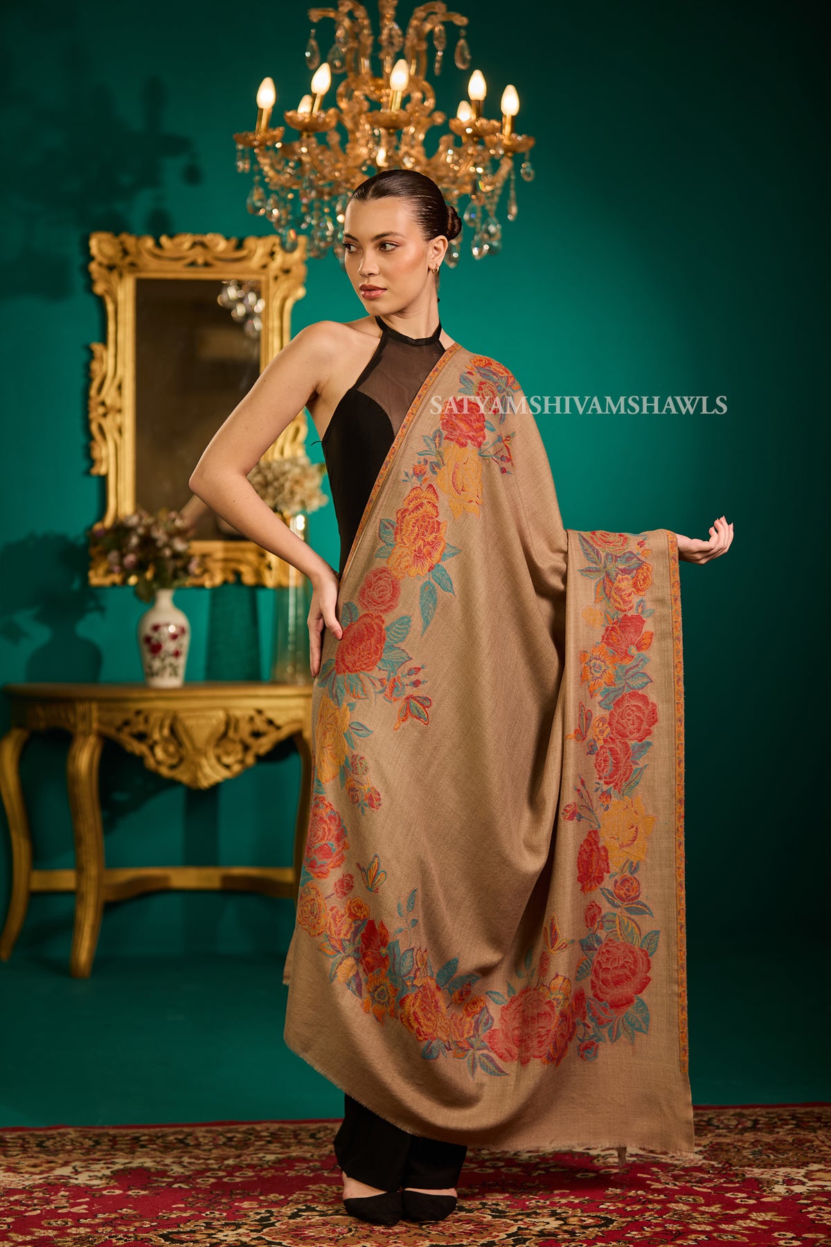 fine wool pashmina kani multi flower border design shawls