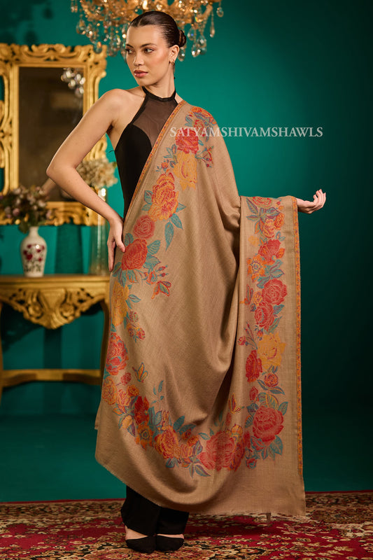 fine wool pashmina kani multi flower border design shawls