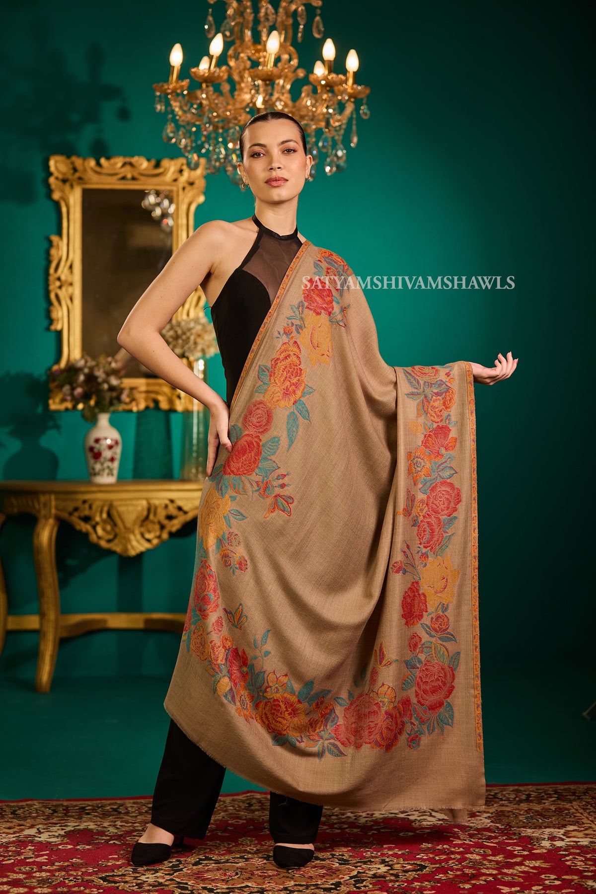 fine wool pashmina kani multi flower border design shawls