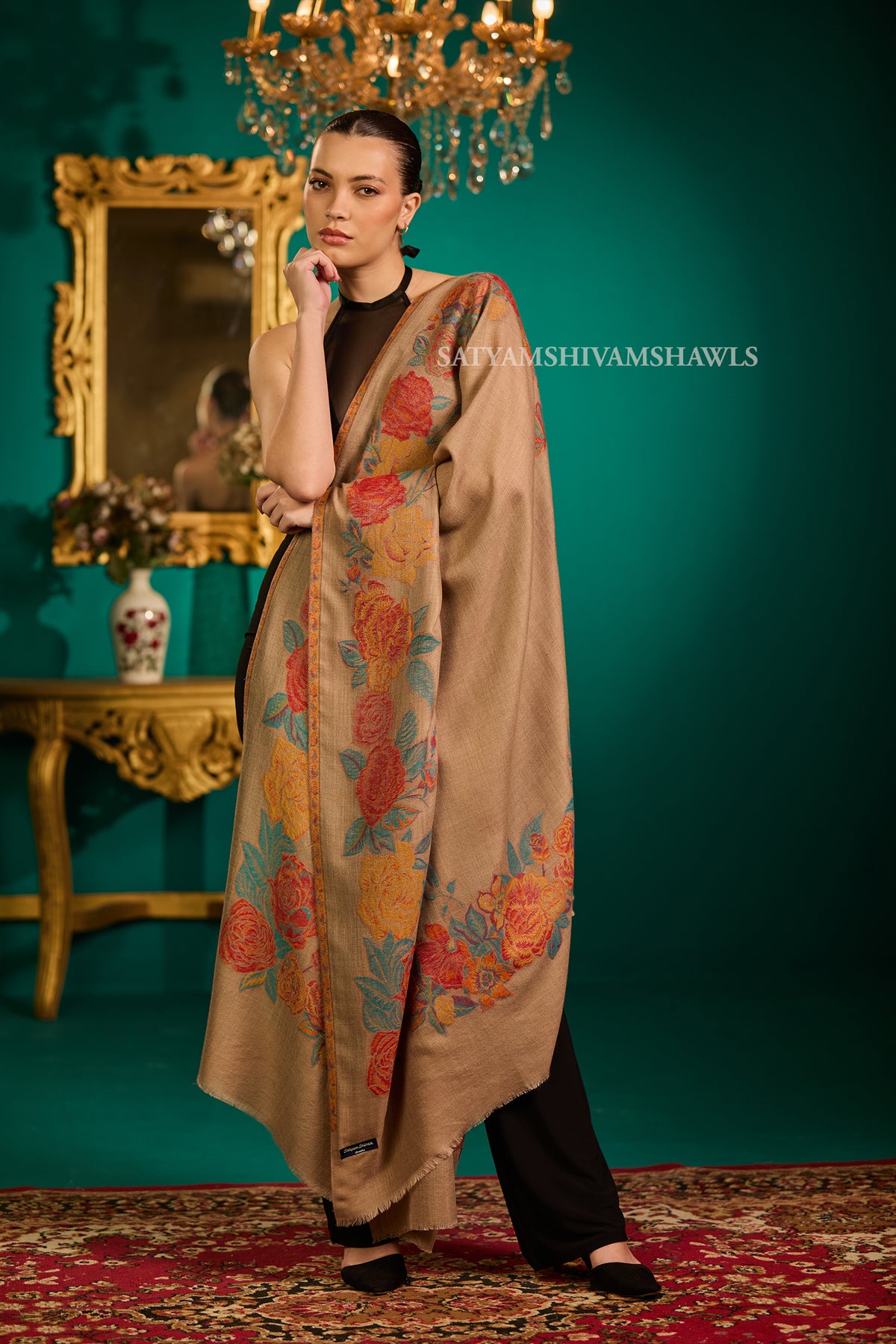 fine wool pashmina kani multi flower border design shawls