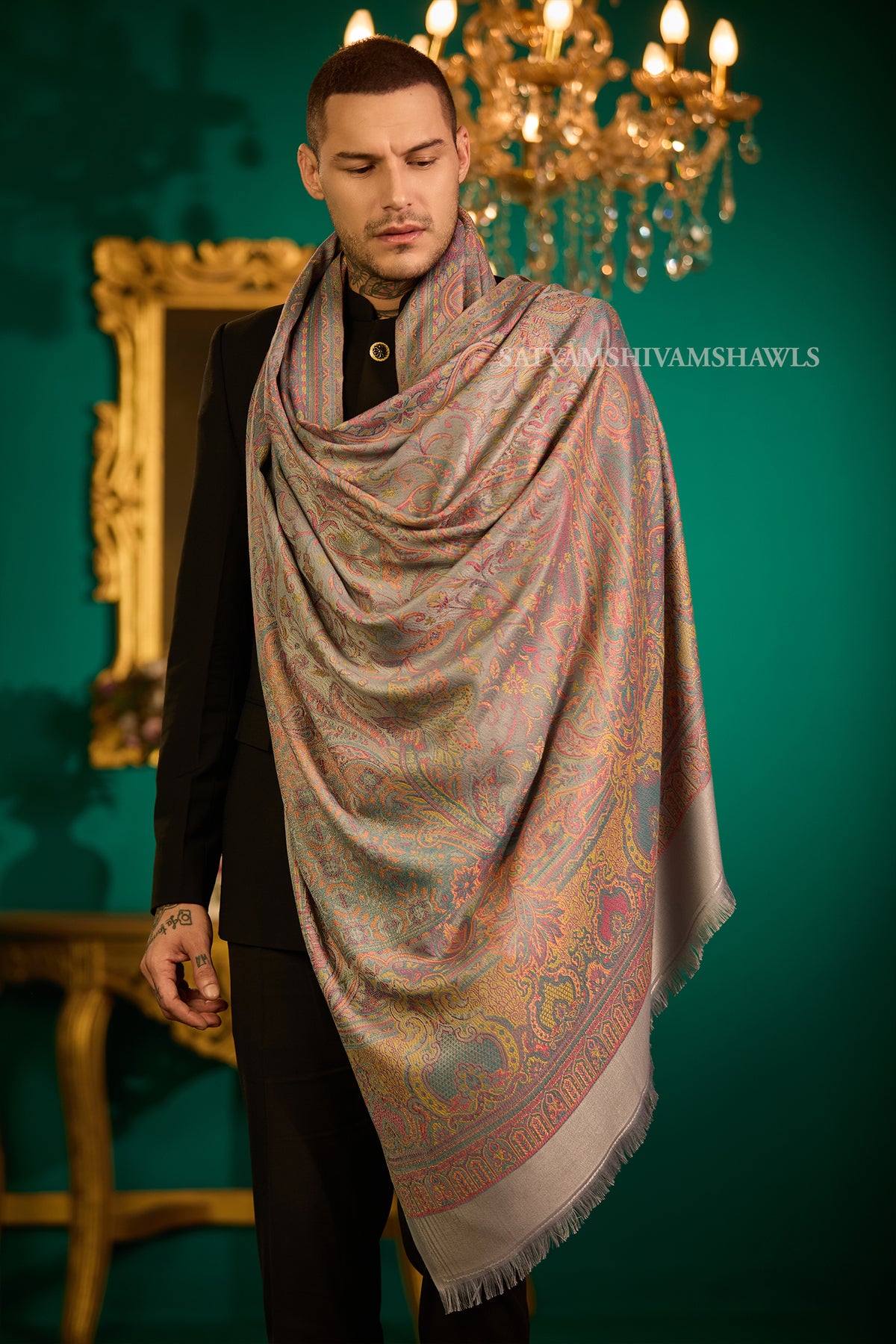 VINTAGE ROYAL JAMAWAR PAISLEY KANI DESIGN MENS SHAWL,
