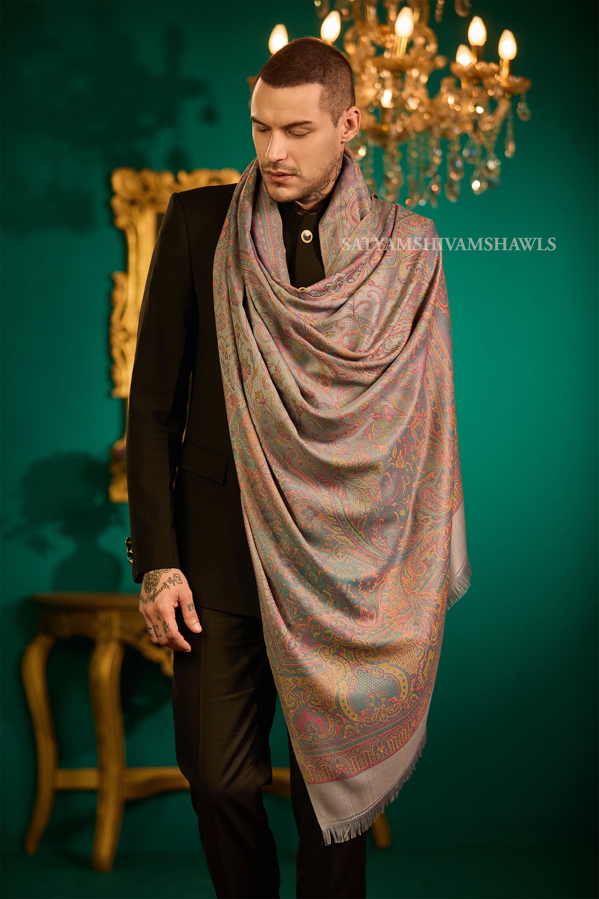 VINTAGE ROYAL JAMAWAR PAISLEY KANI DESIGN MENS SHAWL,