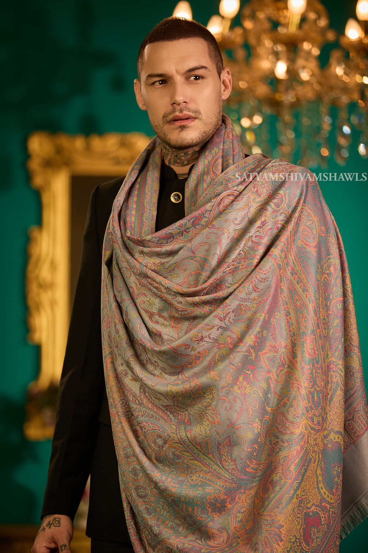 VINTAGE ROYAL JAMAWAR PAISLEY KANI DESIGN MENS SHAWL,