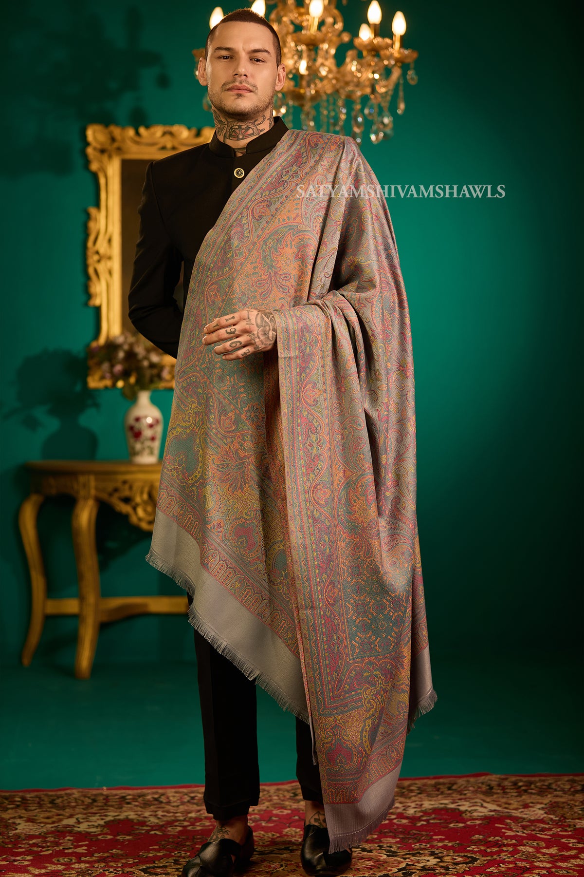VINTAGE ROYAL JAMAWAR PAISLEY KANI DESIGN MENS SHAWL,