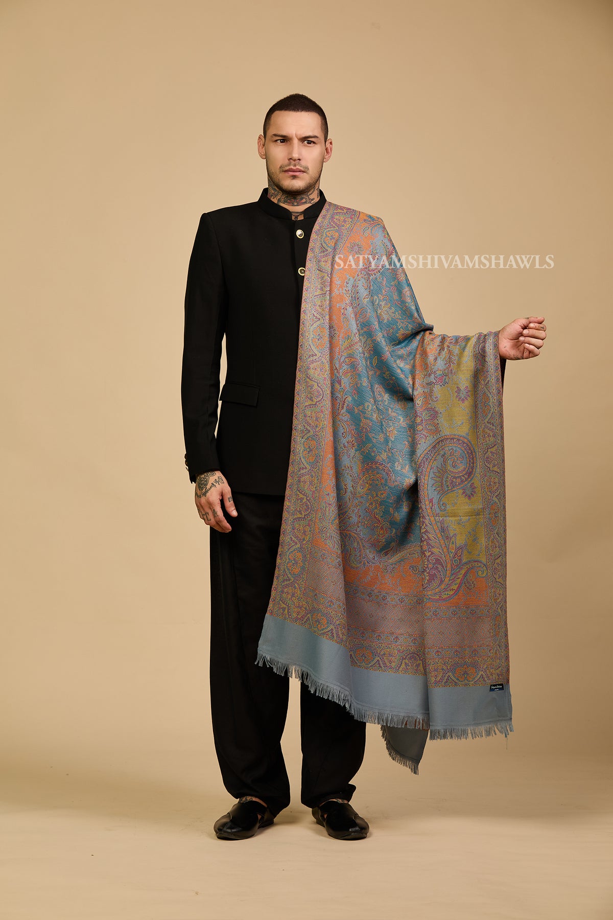 Peach grey Heritage Paisley jamawar Men Shawl