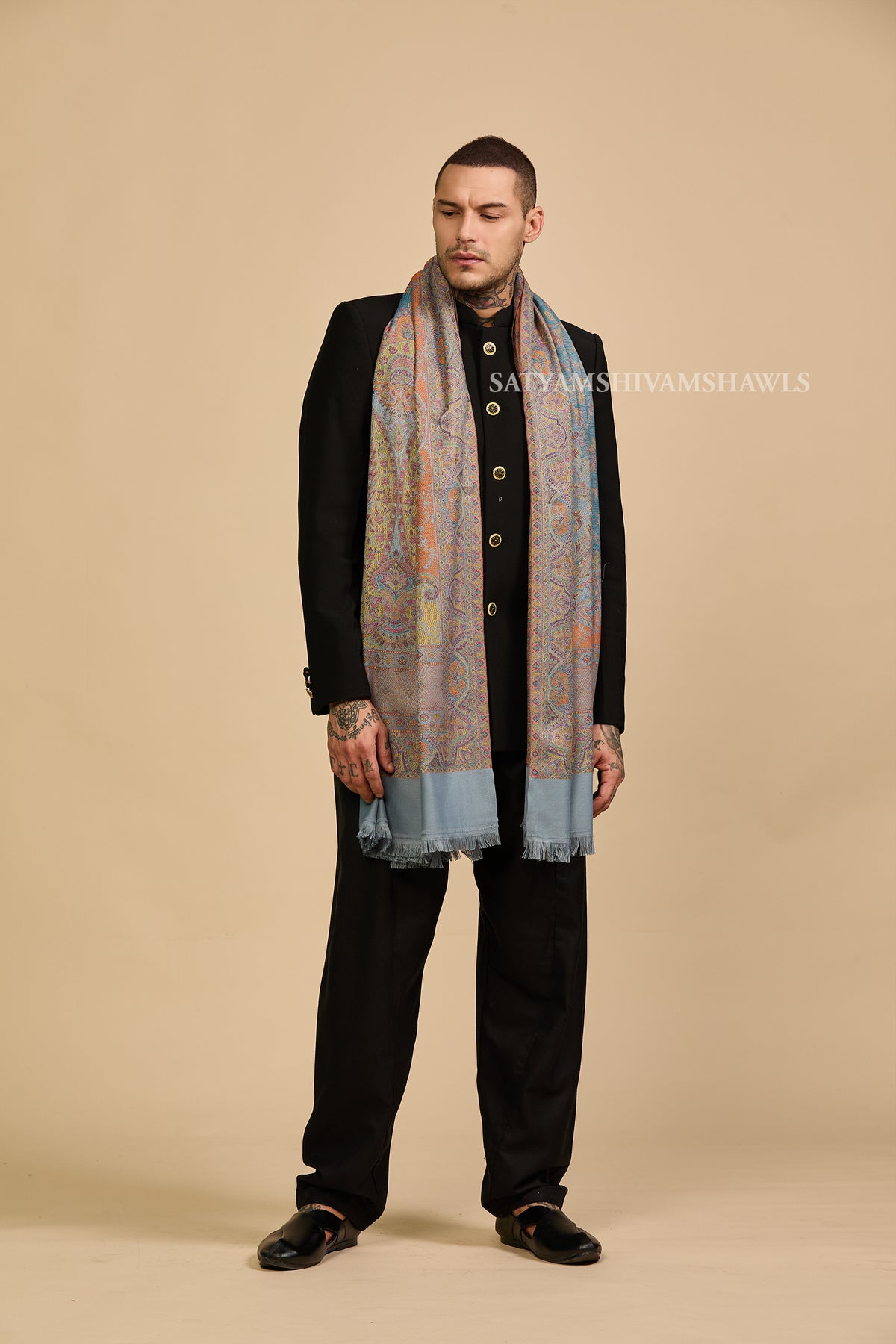 Peach grey Heritage Paisley jamawar Men Shawl