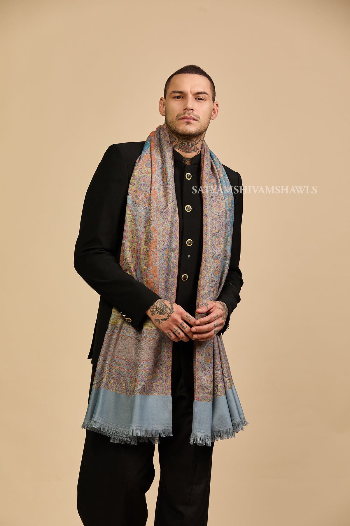 Peach grey Heritage Paisley jamawar Men Shawl