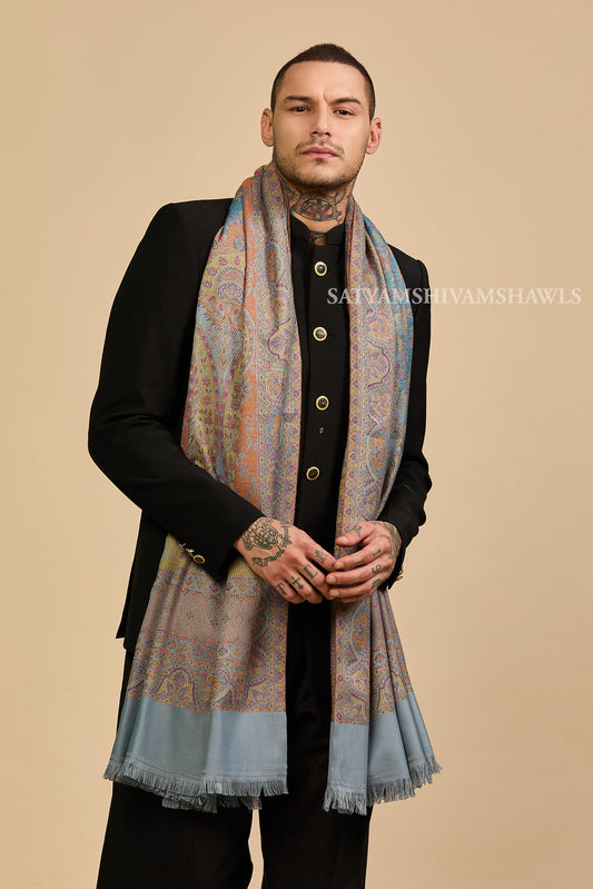 Peach grey Heritage Paisley jamawar Men Shawl