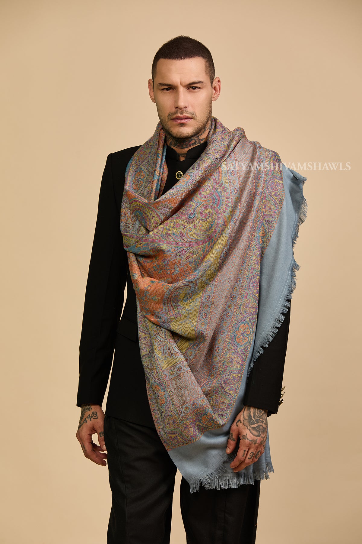 Peach grey Heritage Paisley jamawar Men Shawl