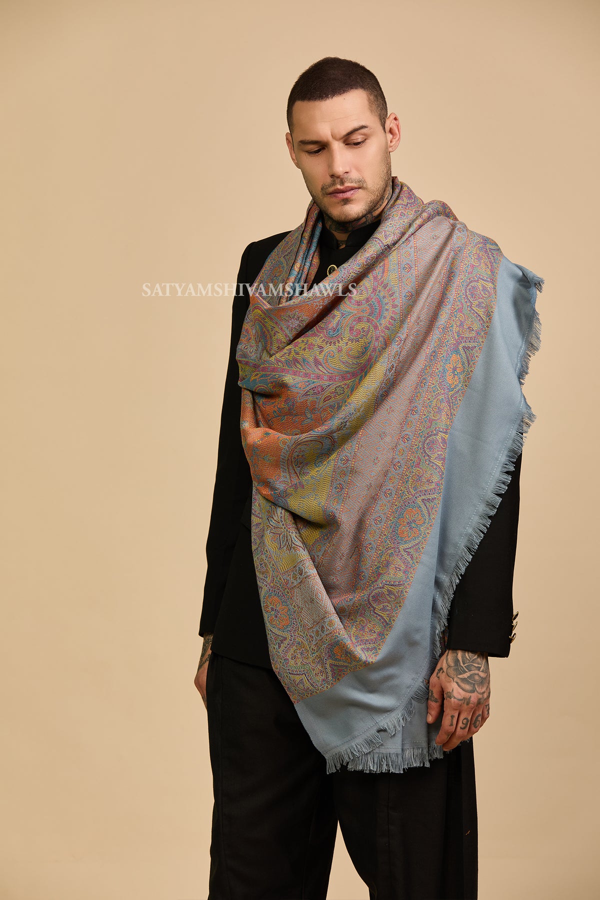 Peach grey Heritage Paisley jamawar Men Shawl