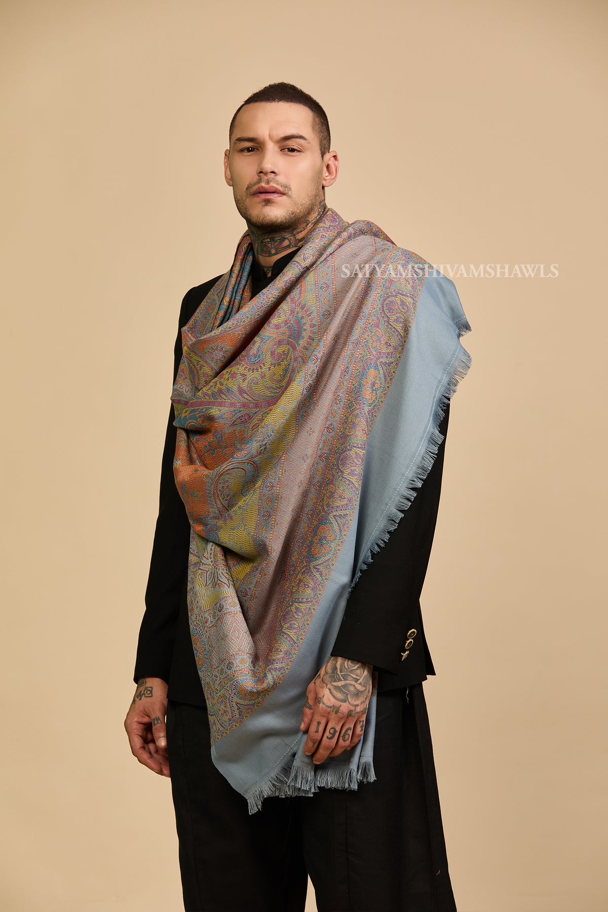 Peach grey Heritage Paisley jamawar Men Shawl