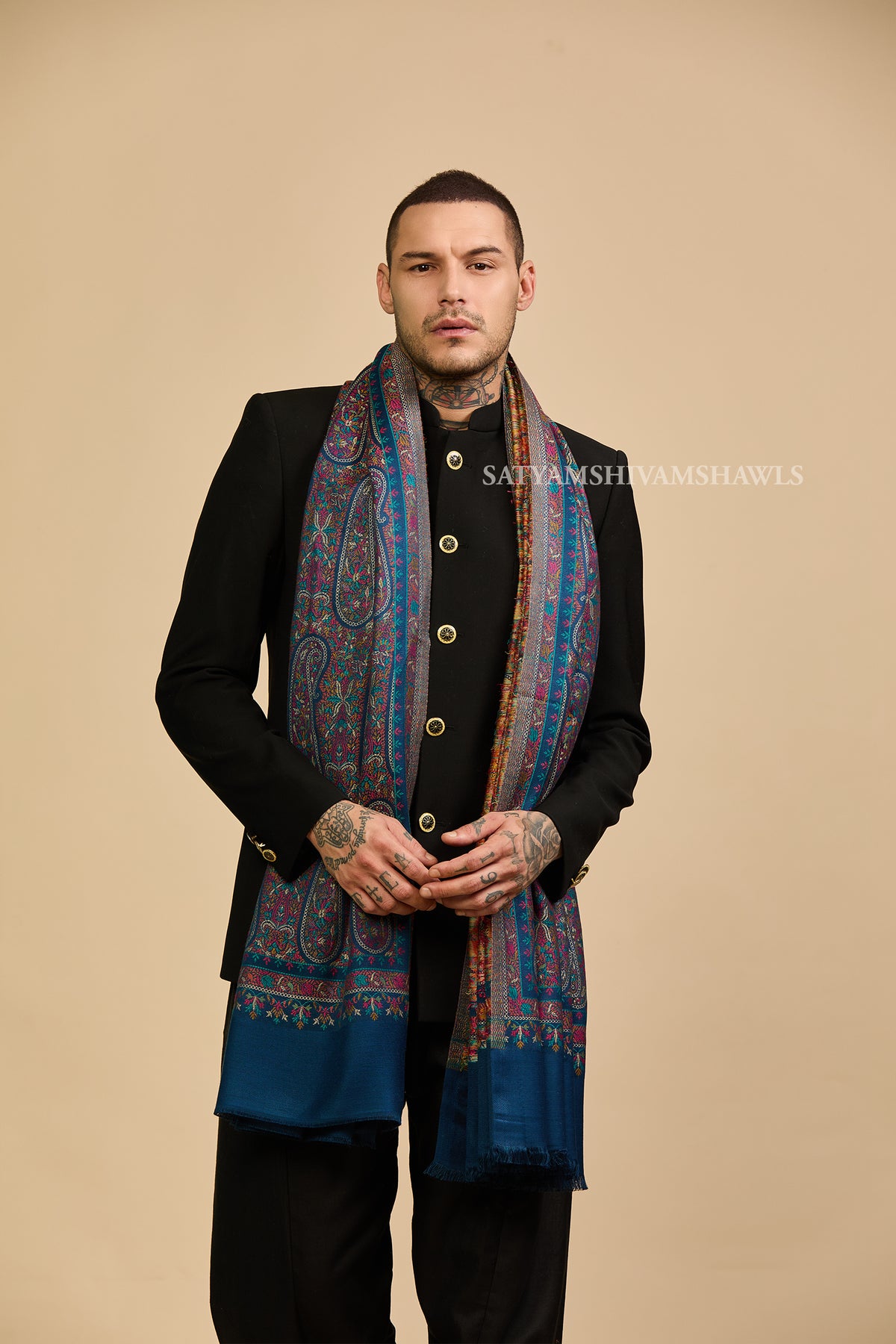 Black paisley and kashimiri kani Men shawl