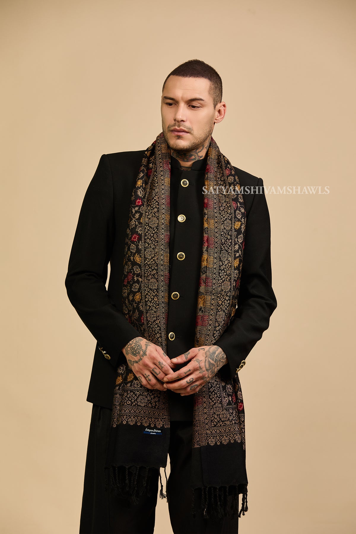 pure wool zari weaved stole,black multy