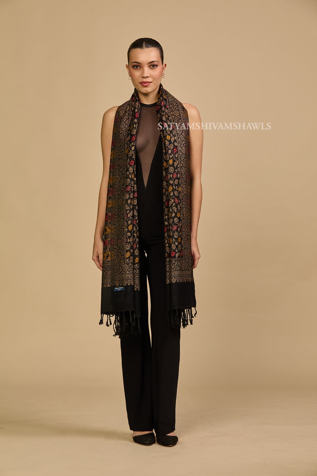 pure wool zari weaved stole,black multy