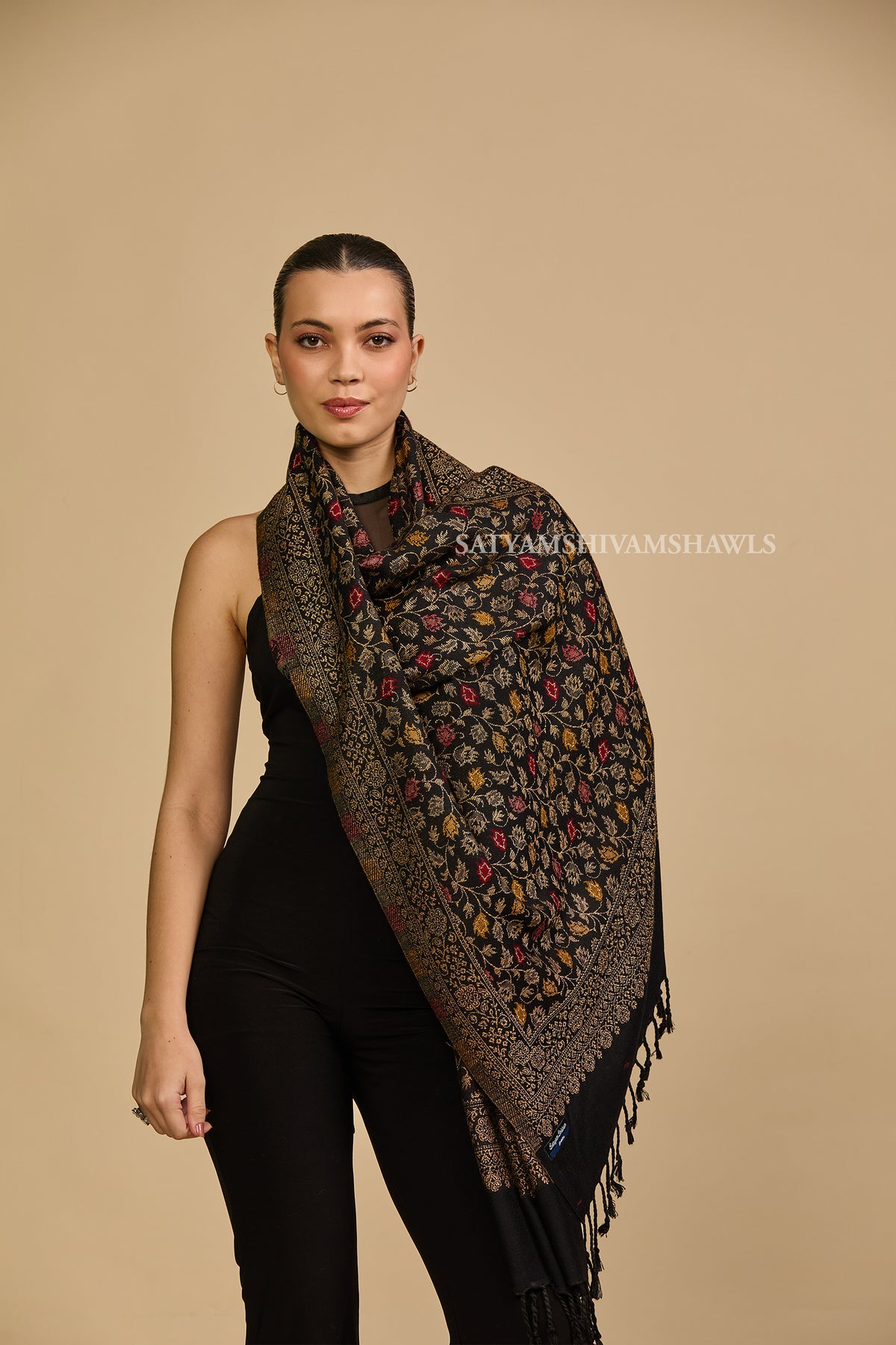 pure wool zari weaved stole,black multy