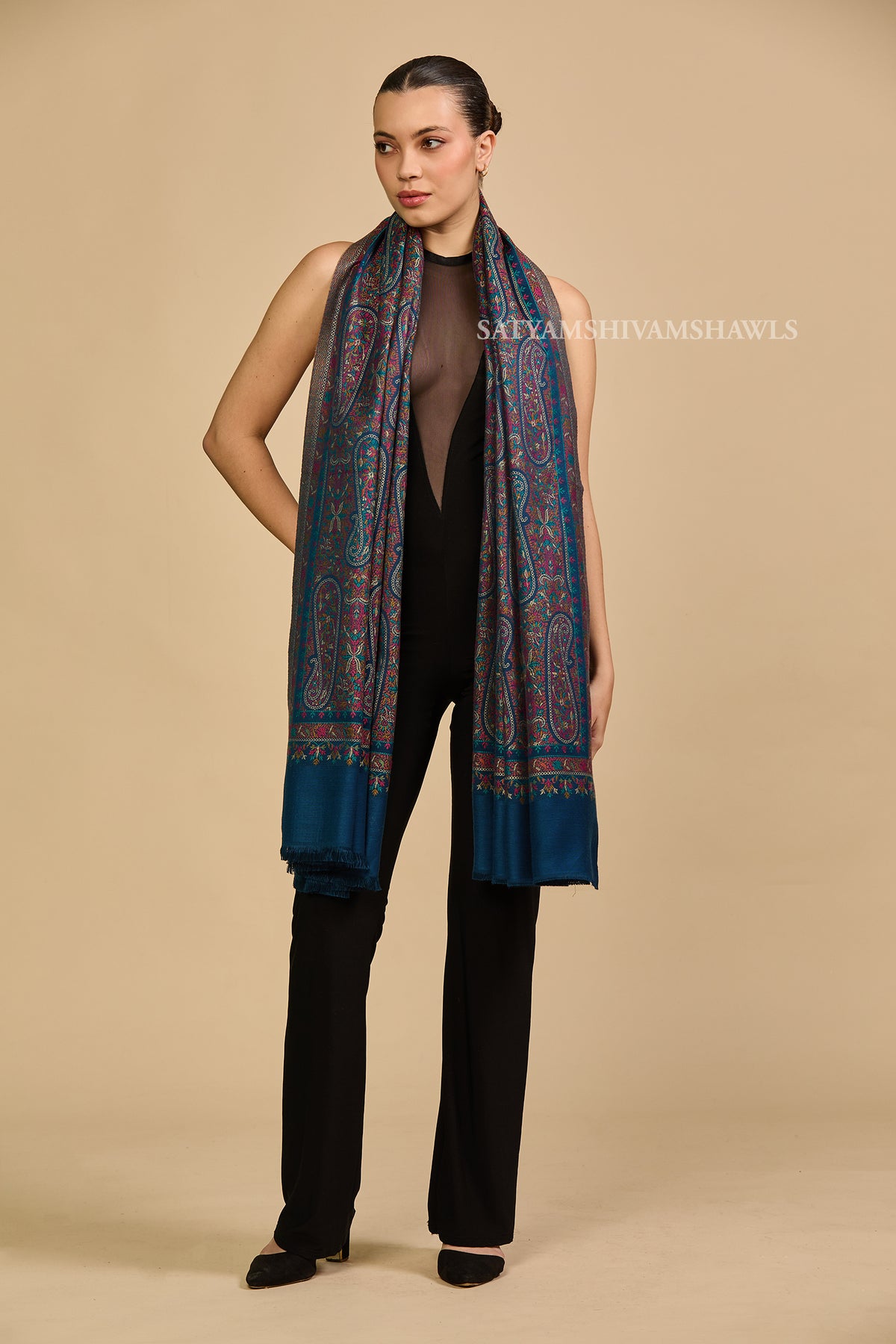 Royal blue paisley and kashimiri kani women shawl
