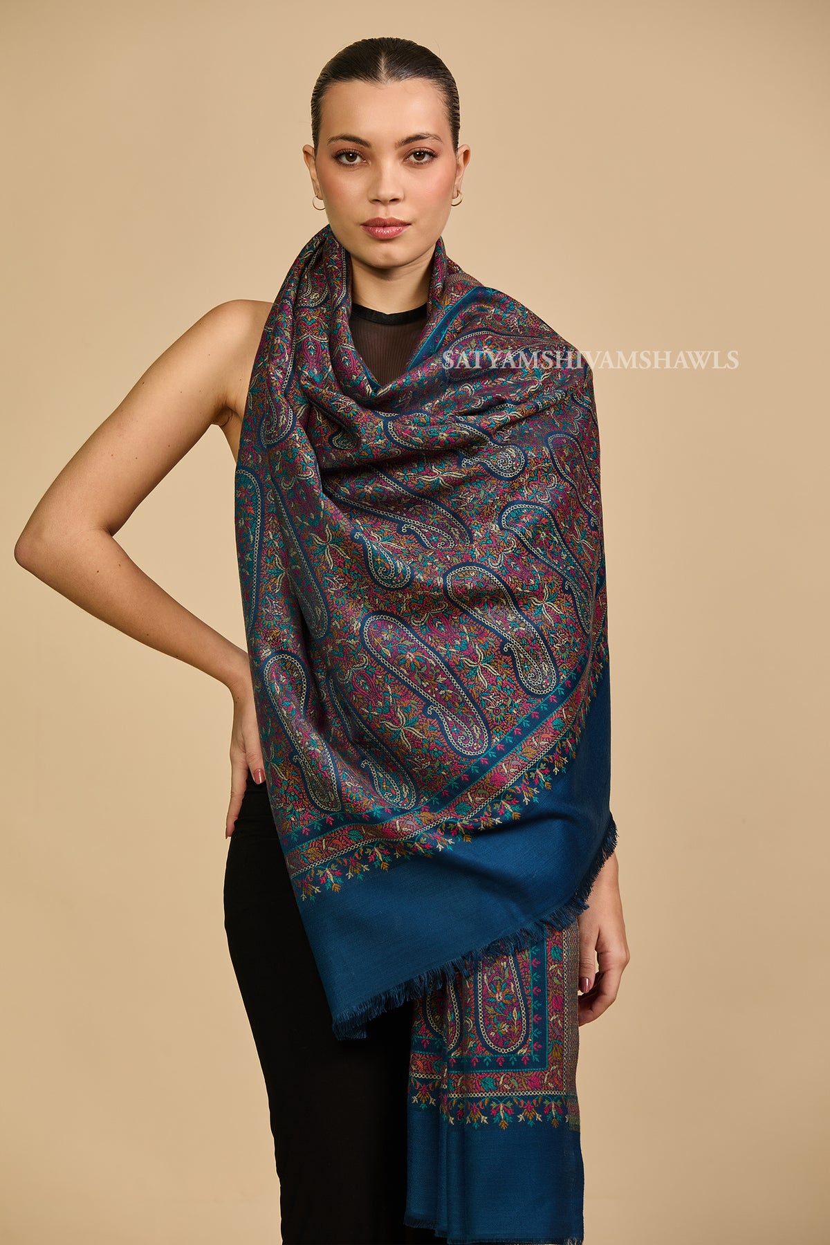 Royal blue paisley and kashimiri kani women shawl