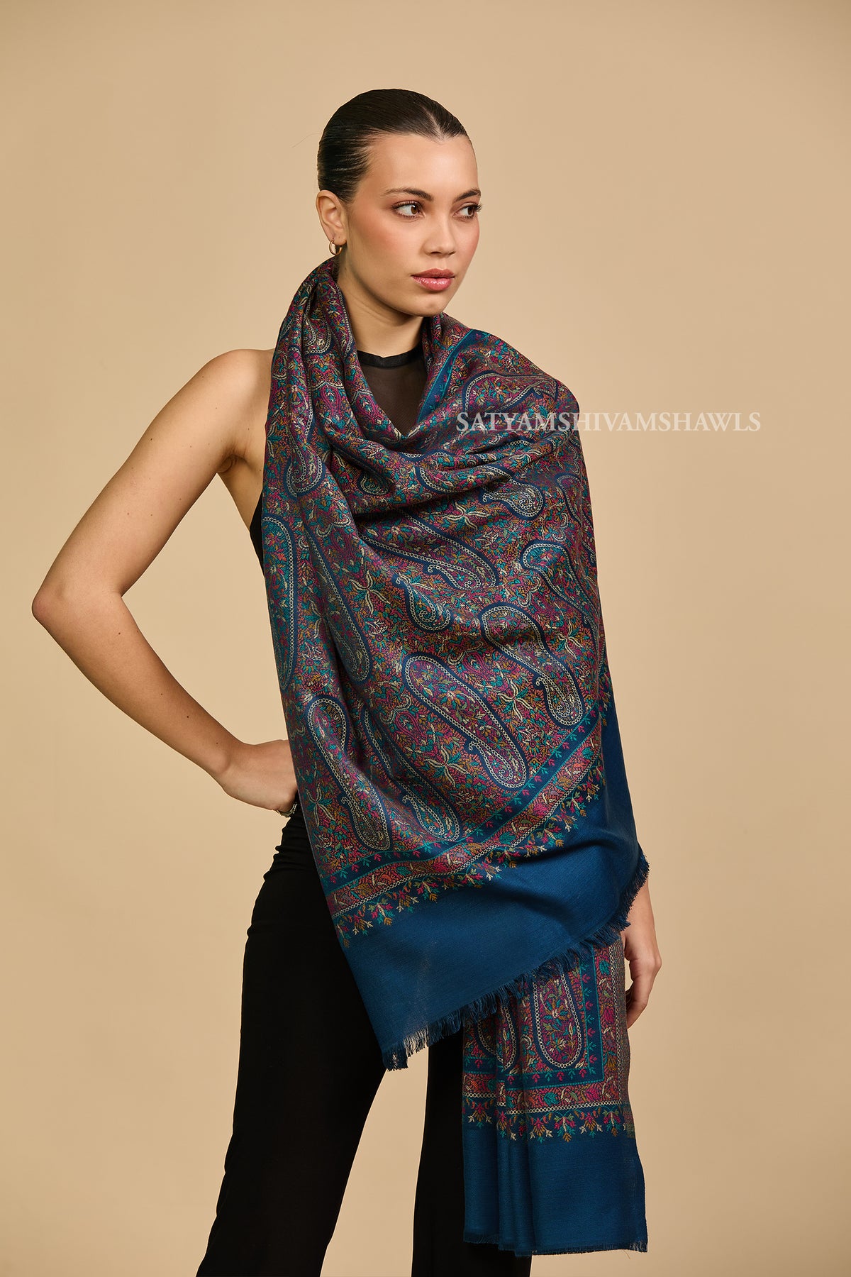 Royal blue paisley and kashimiri kani women shawl