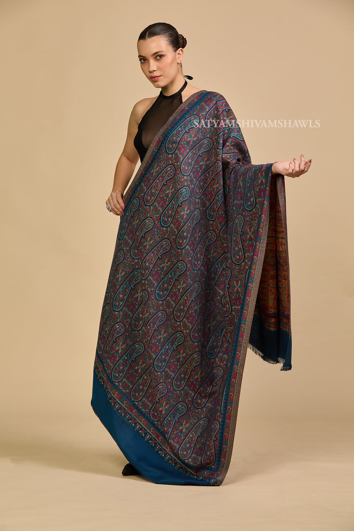 Royal blue paisley and kashimiri kani women shawl