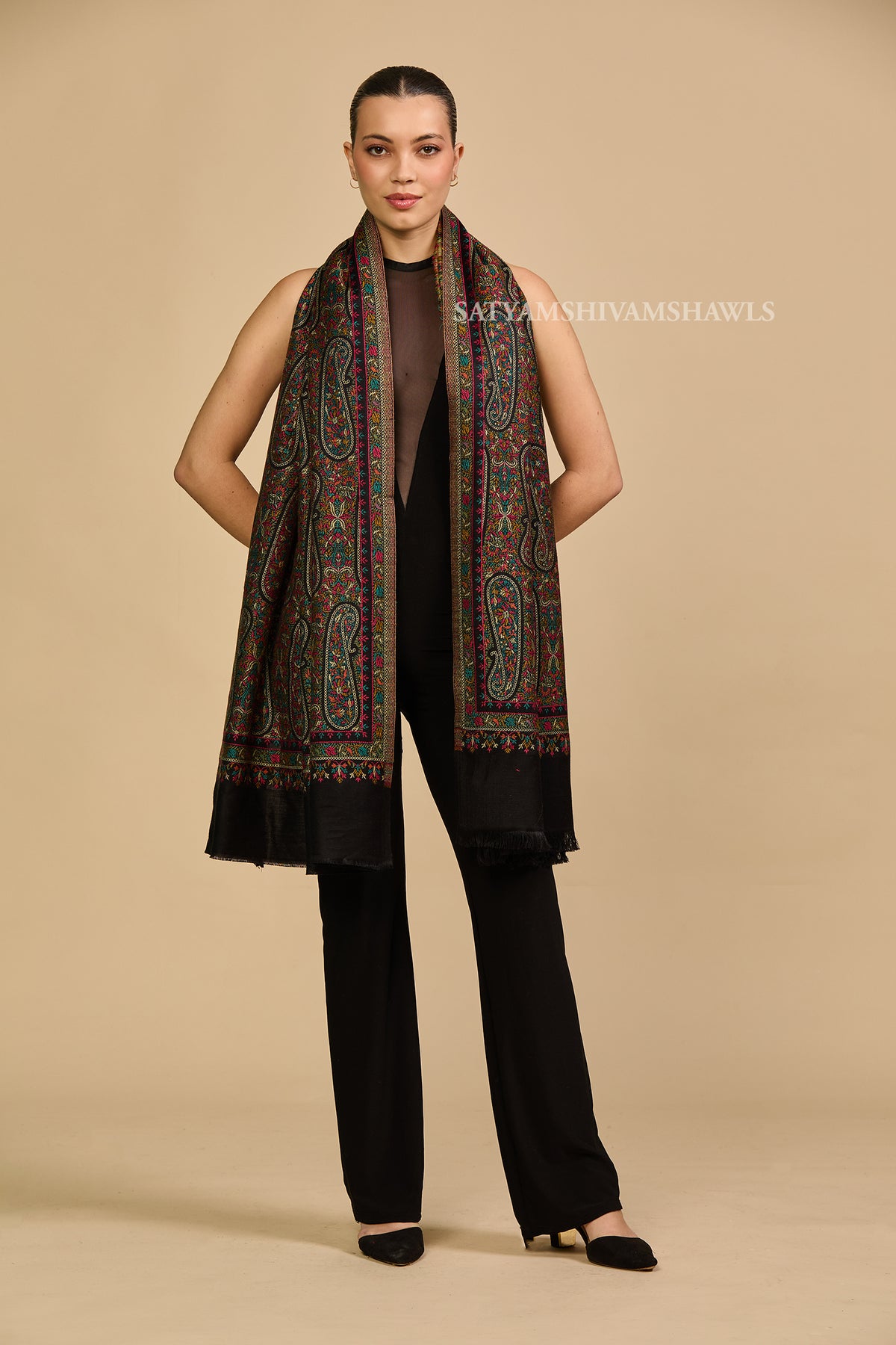 Black paisley and kashimiri kani women shawl