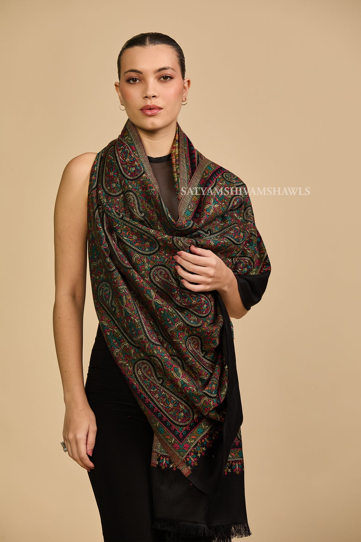 Black paisley and kashimiri kani women shawl
