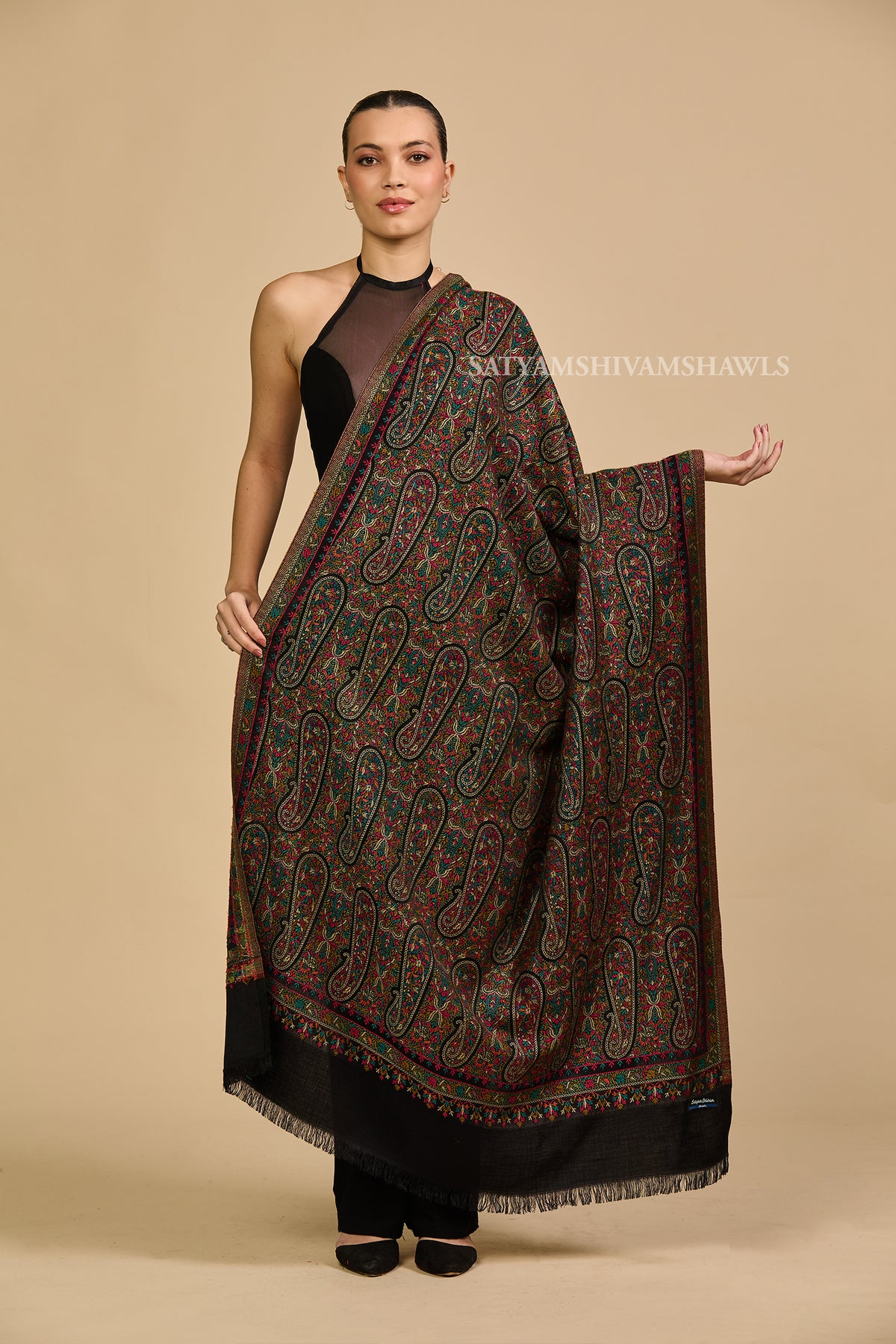 Black paisley and kashimiri kani women shawl