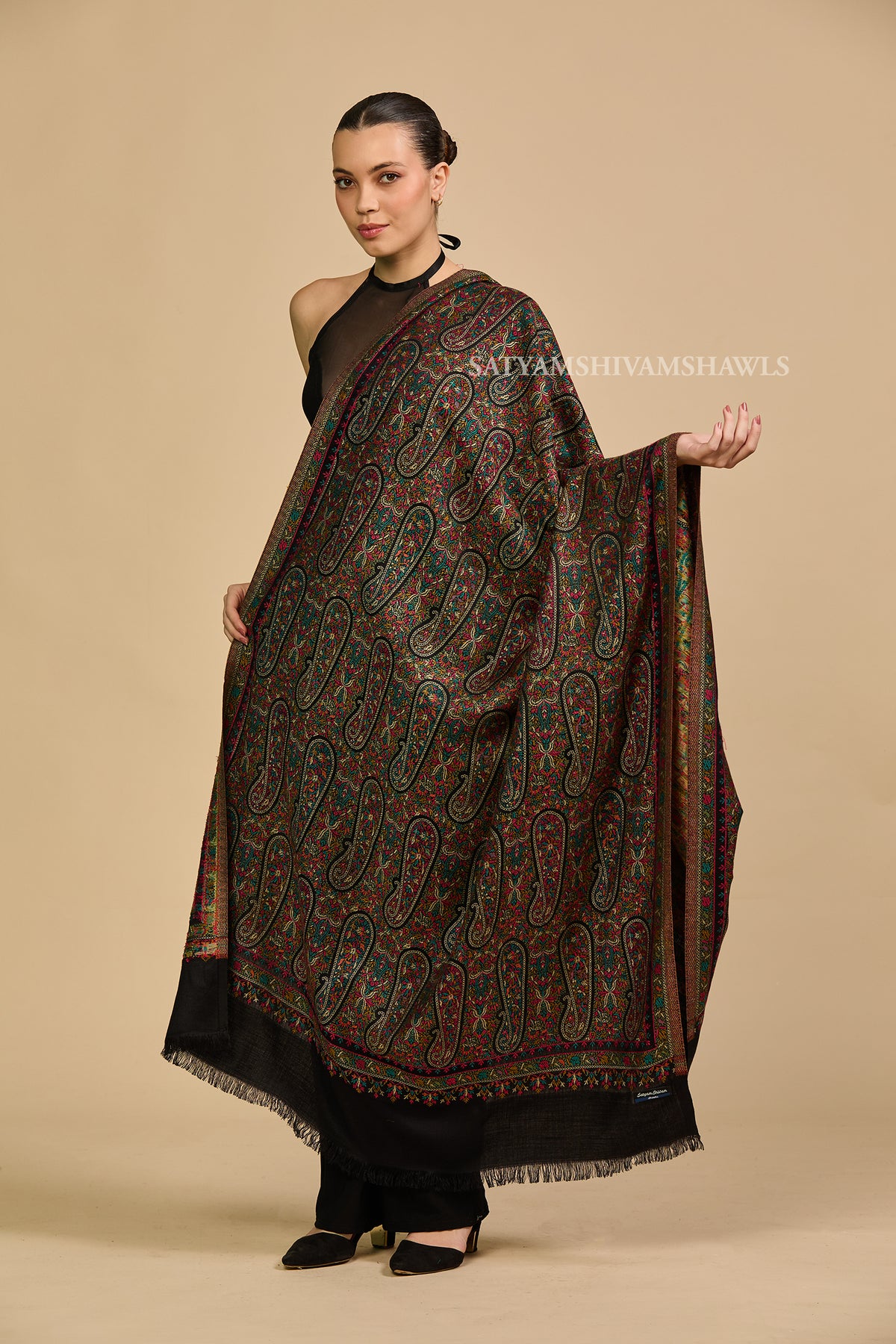 Black paisley and kashimiri kani women shawl