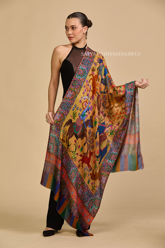 SHIKAARDAR WOMENS FINE SOFT PRINT SILK WOOL STOLE,