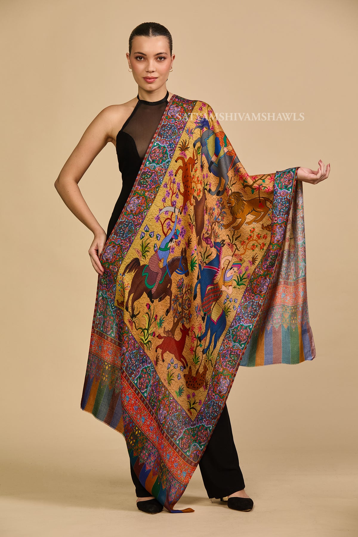 SHIKAARDAR WOMENS FINE SOFT PRINT SILK WOOL STOLE,