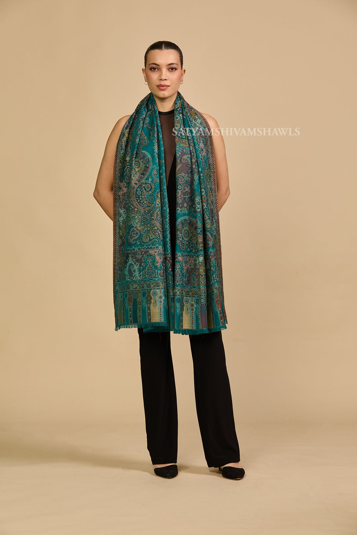 Turquoise kashmiri paisley women shawl