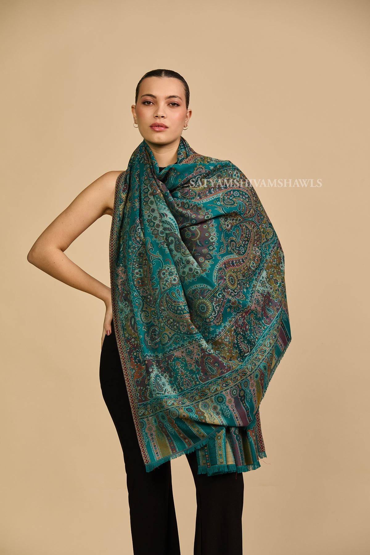Turquoise kashmiri paisley women shawl