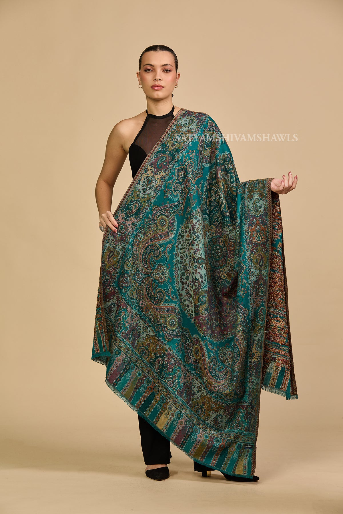 Turquoise kashmiri paisley women shawl