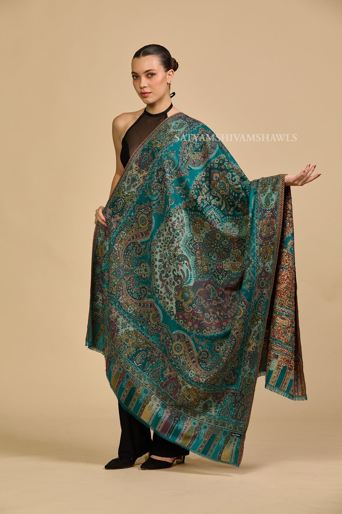Turquoise kashmiri paisley women shawl