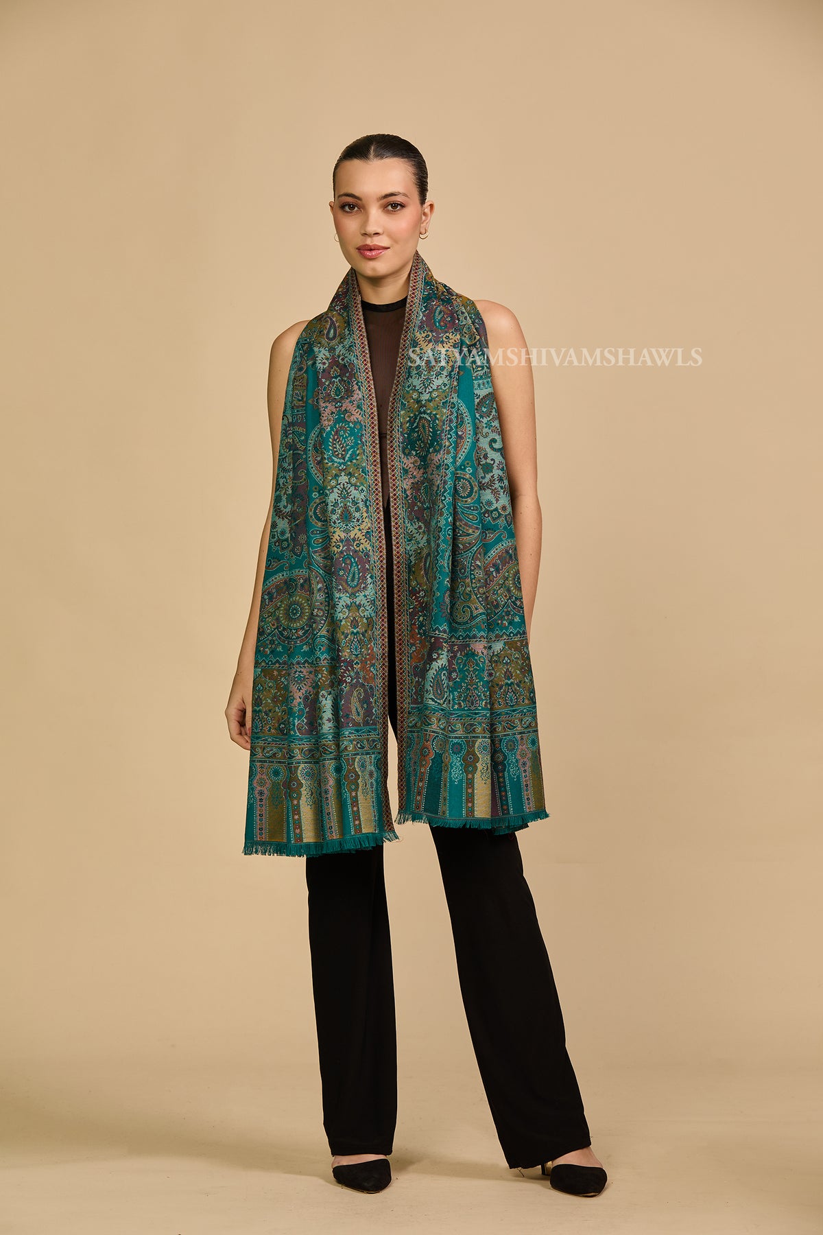 Turquoise kashmiri paisley women shawl