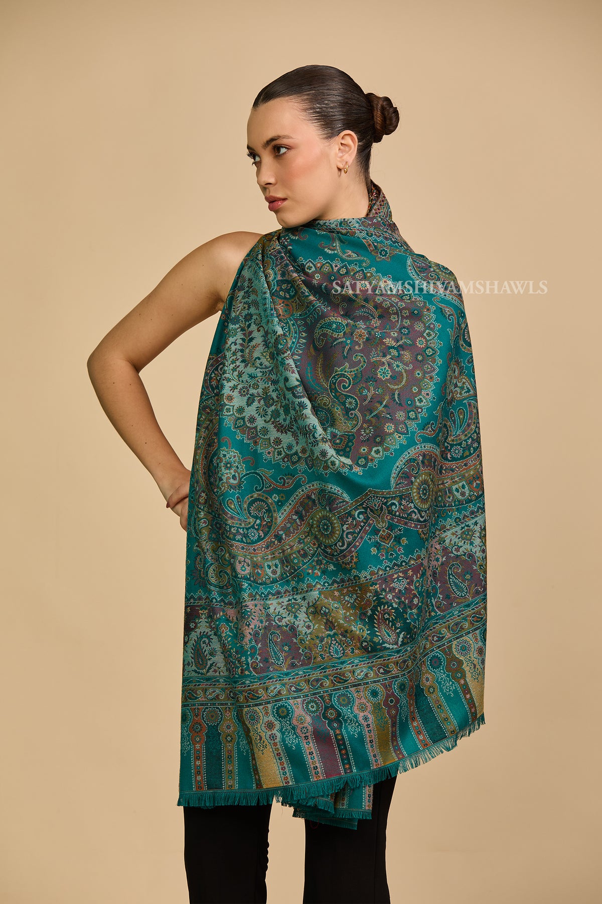 Turquoise kashmiri paisley women shawl