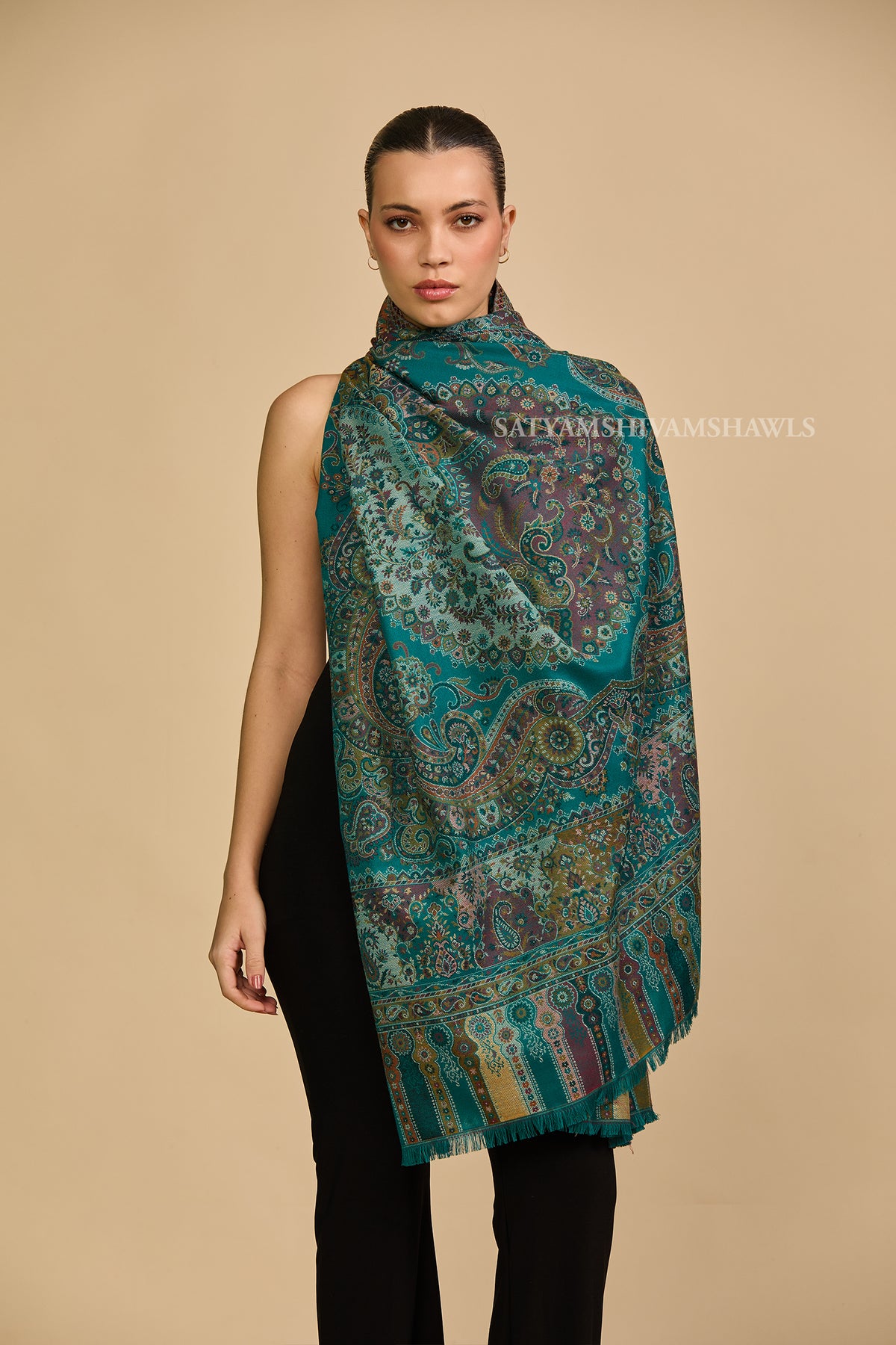 Turquoise kashmiri paisley women shawl