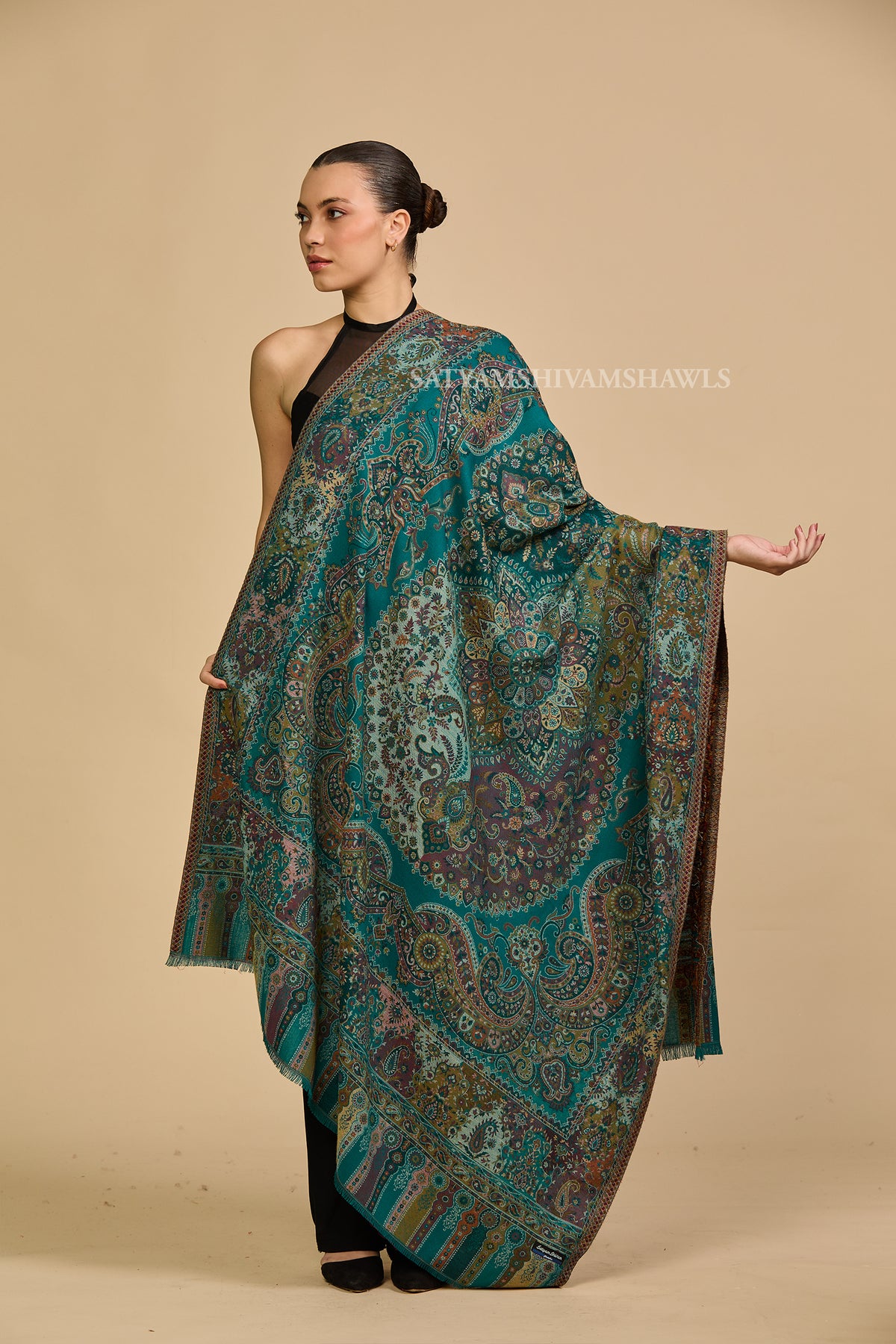 Turquoise kashmiri paisley women shawl