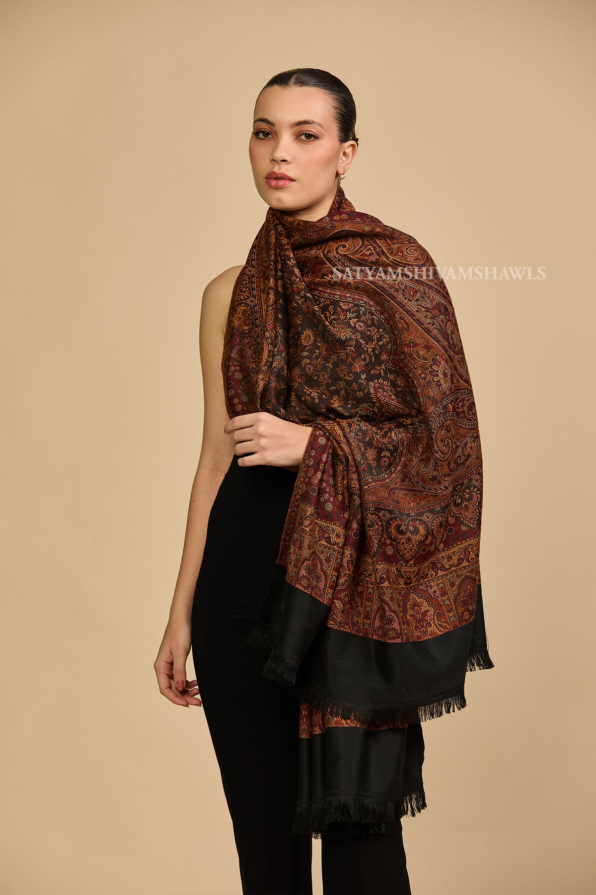 midnight black jamawar kashmiri kani design shawl