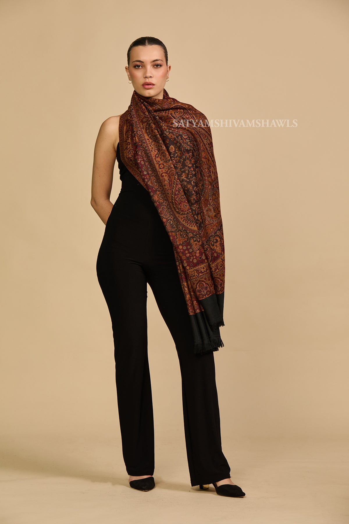 midnight black jamawar kashmiri kani design shawl