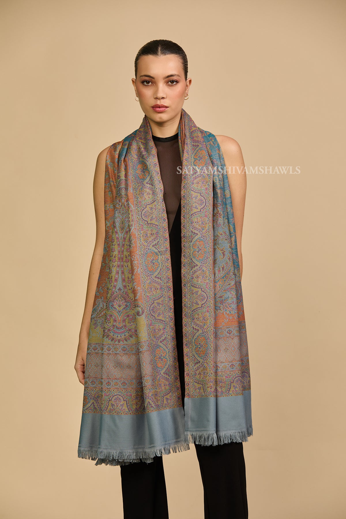 Peach grey Heritage Paisley jamawar Shawl