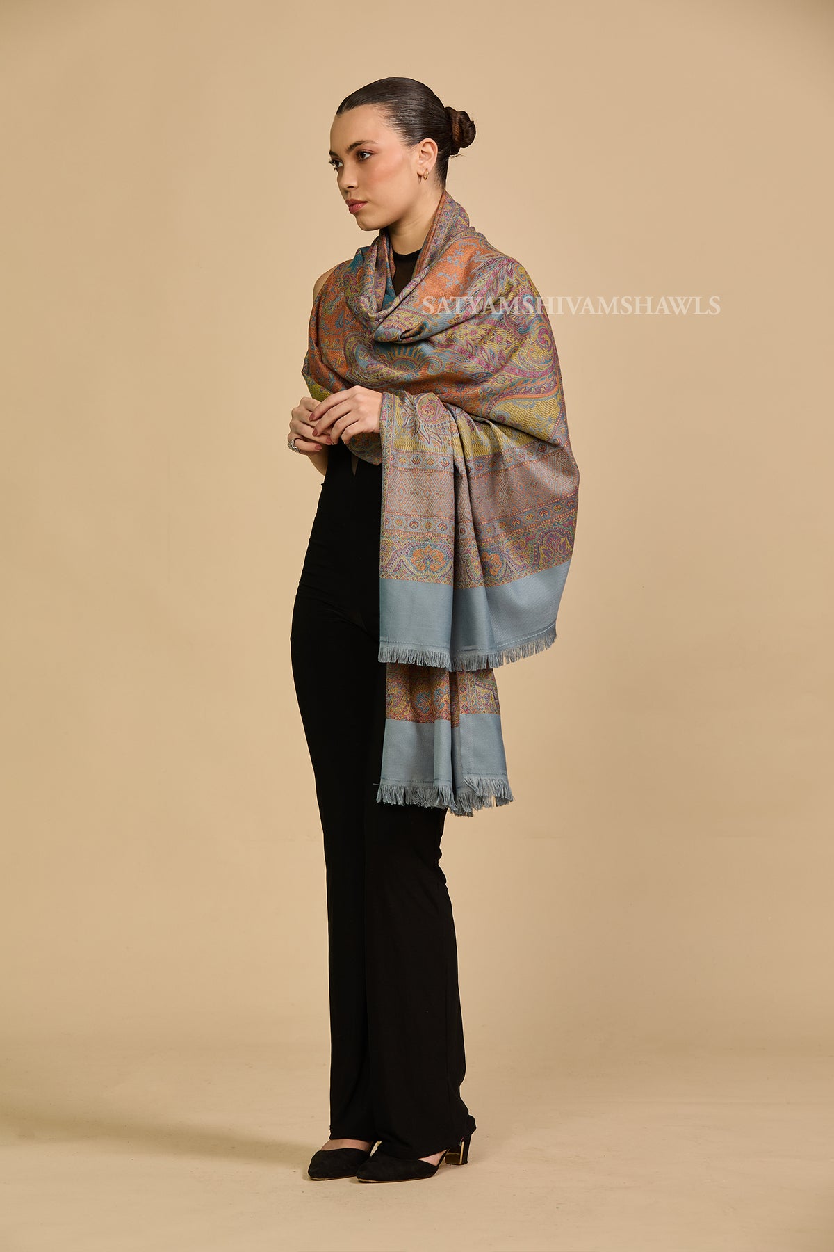 Peach grey Heritage Paisley jamawar Shawl