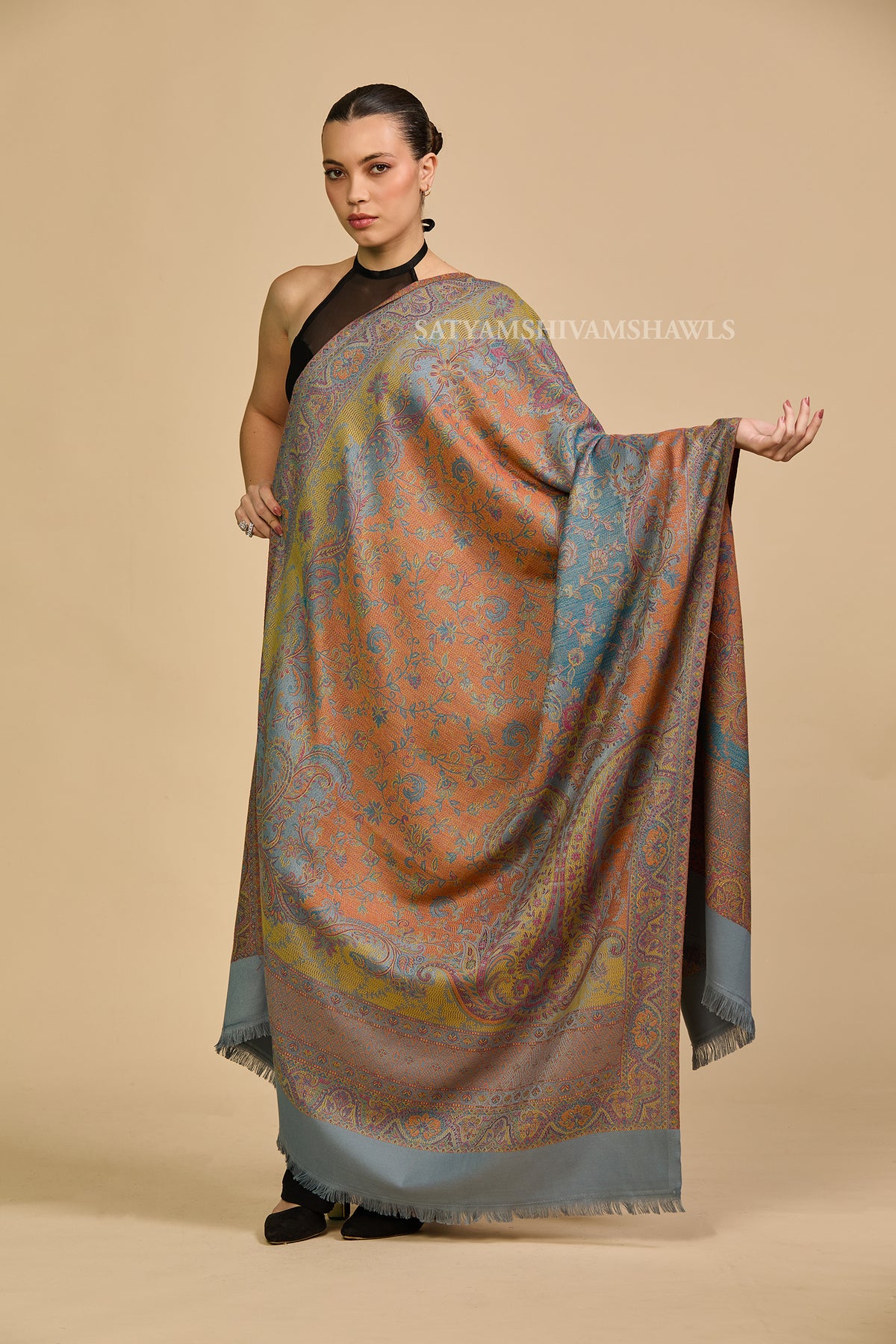 Peach grey Heritage Paisley jamawar Shawl