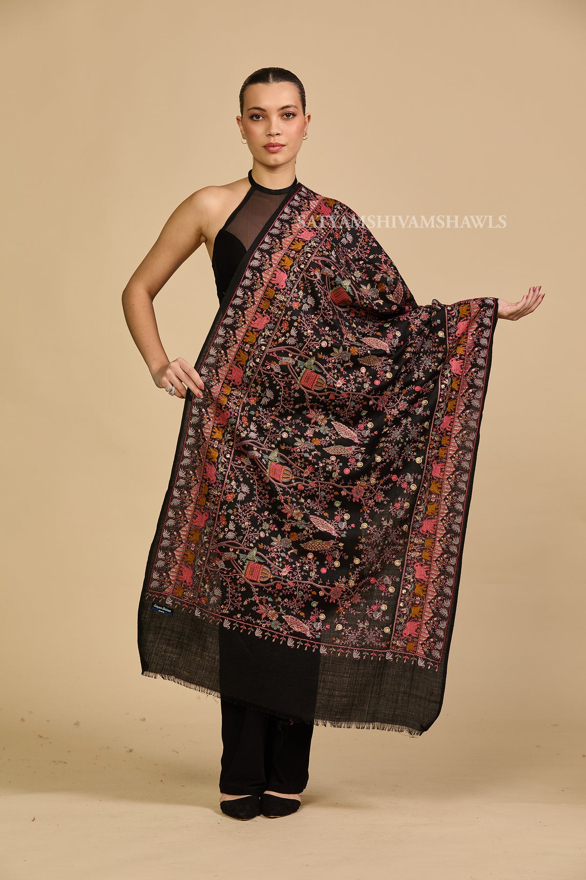 Royal Noir Floral Embroidery stole