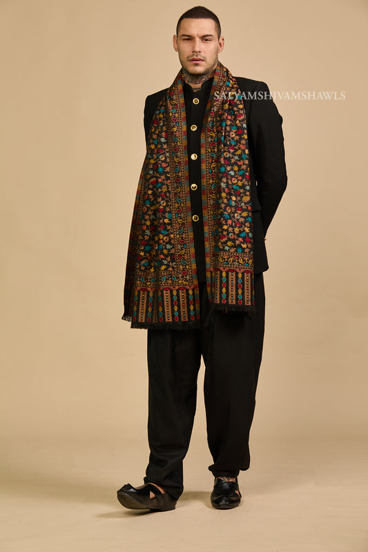 ROYAL VINTAGE KASHMIRI KANI DESIGN MENS ,STOLE,BLACK