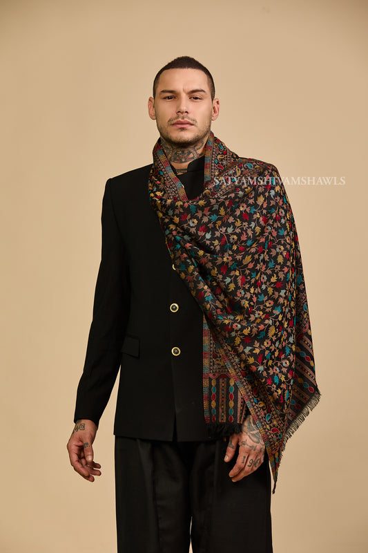 ROYAL VINTAGE KASHMIRI KANI DESIGN MENS ,STOLE,BLACK