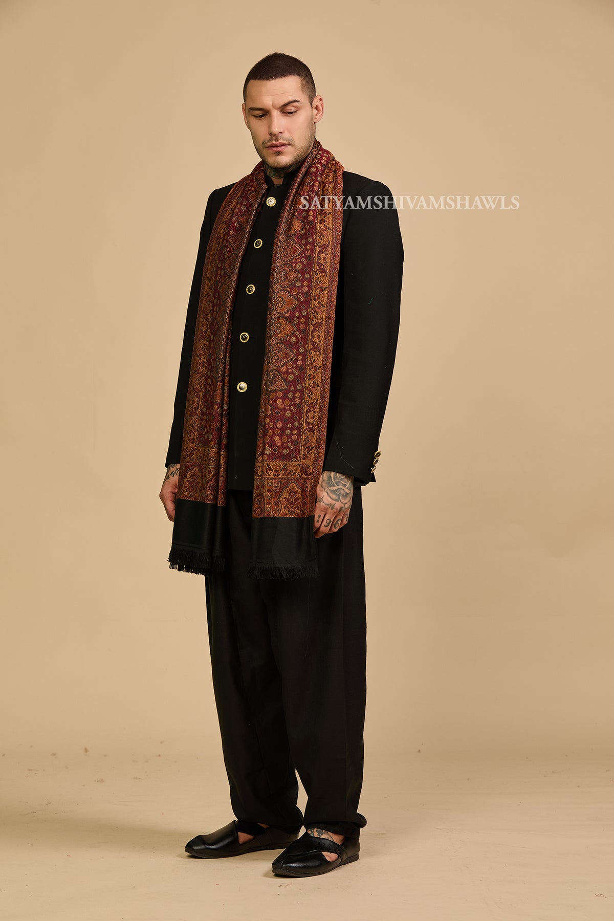 VINTAGE ROYAL JAMAWAR PAISLEY KANI DESIGN MENS SHAWL,