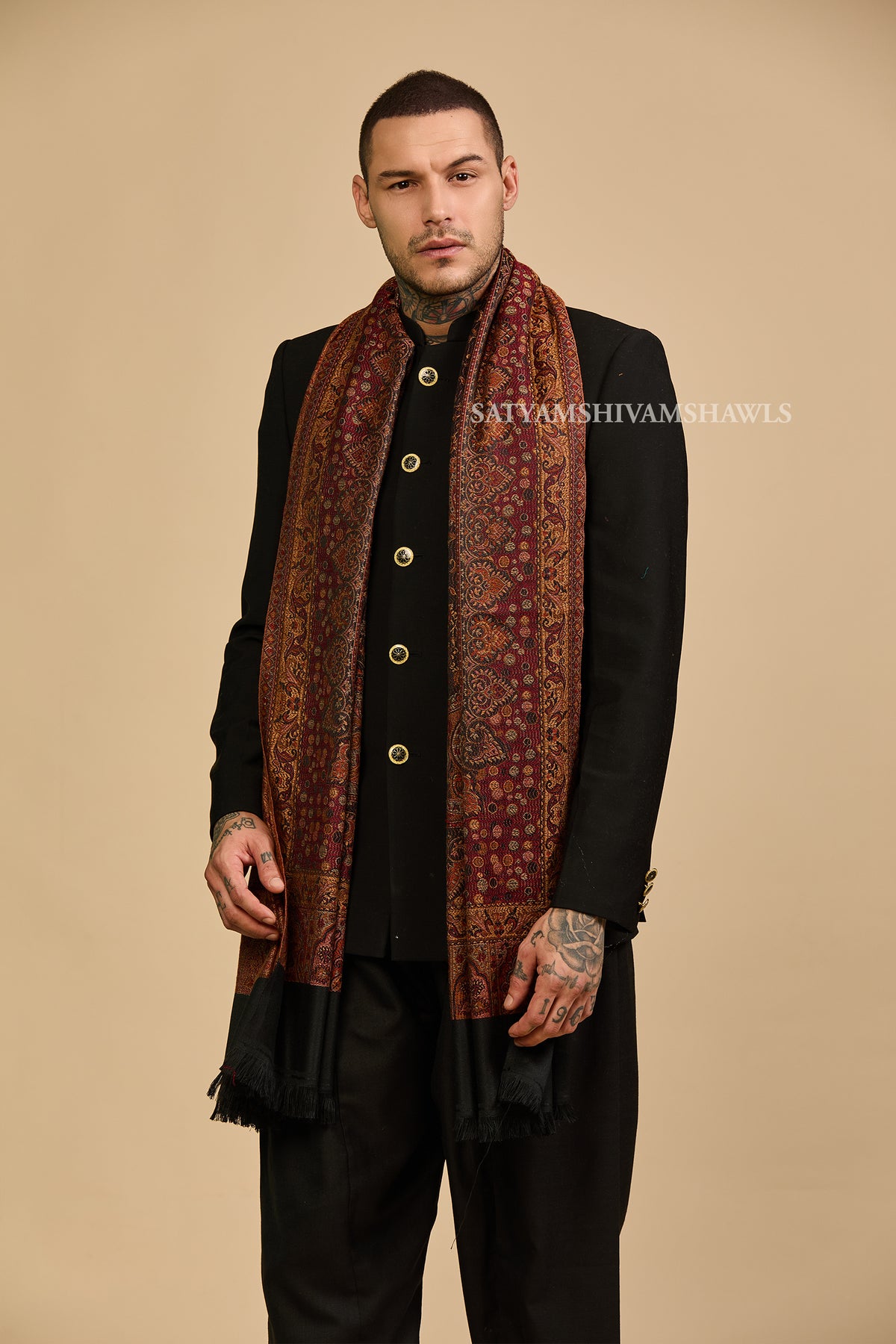 VINTAGE ROYAL JAMAWAR PAISLEY KANI DESIGN MENS SHAWL,