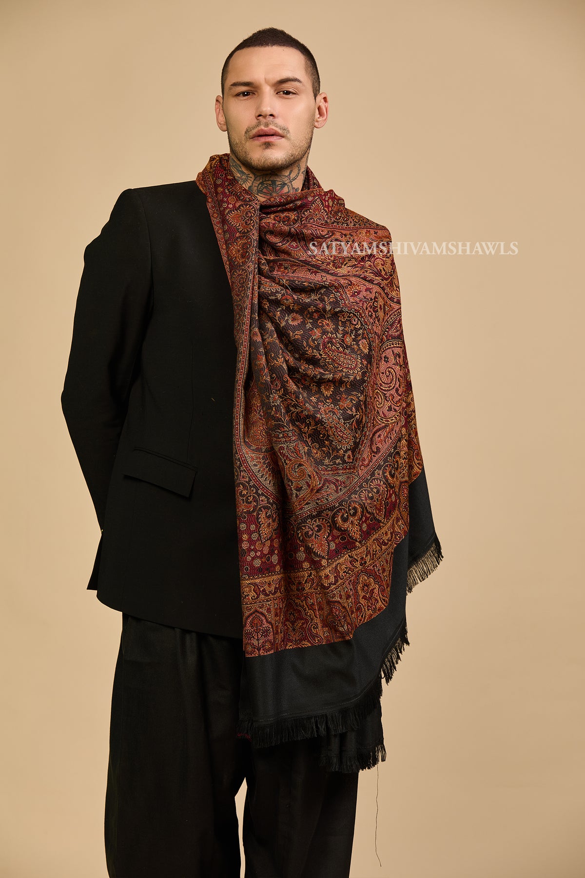 VINTAGE ROYAL JAMAWAR PAISLEY KANI DESIGN MENS SHAWL,