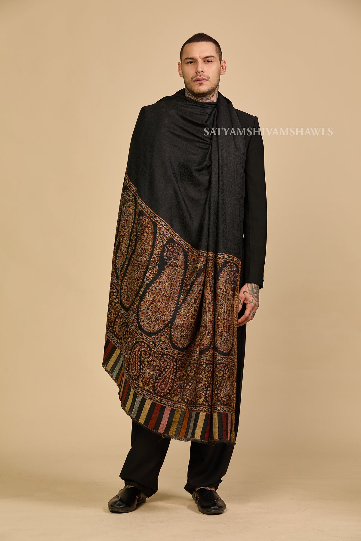 Extra Fine Wool Pashmina Kani Palla Gents Shawl Big Size